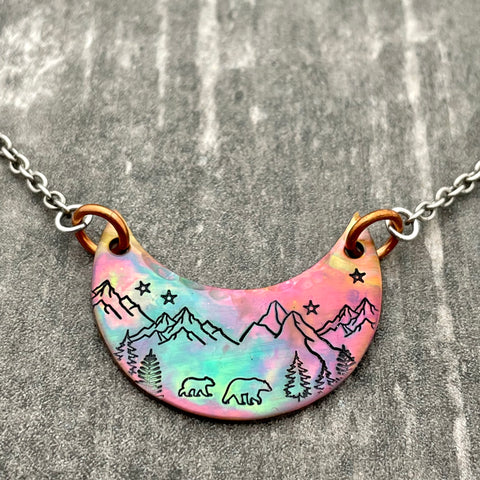 FLAME PAINTED MOON MOUNTAIN SCENE NECKLACE